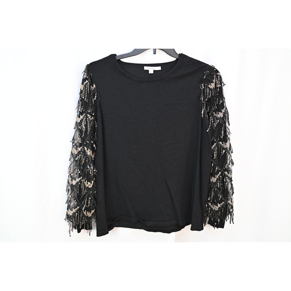 Chicos Black Sequin Fringe Long Sleeve Sweater Size 2 L Gold Embellished Knit